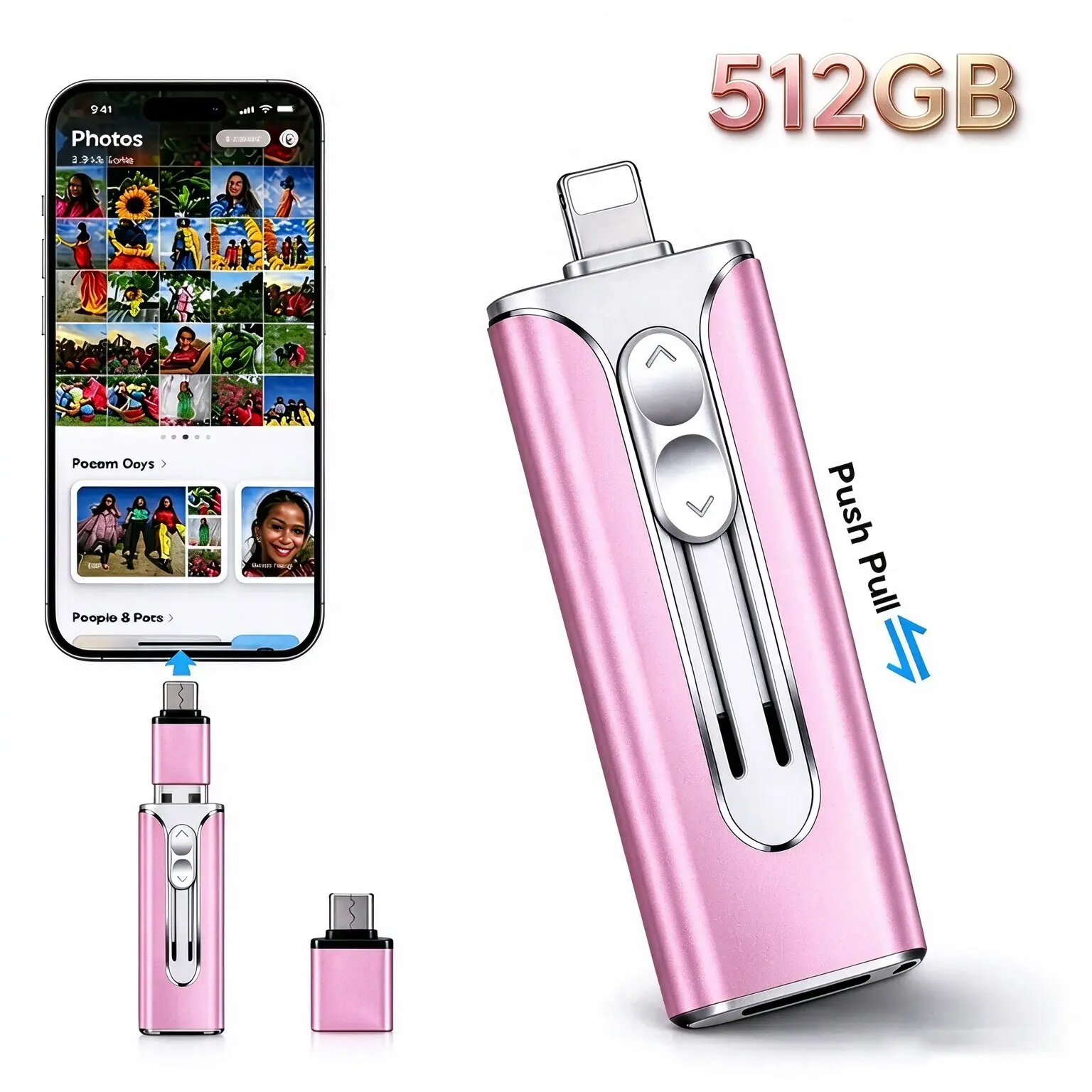 4-in-1 USB Flash  (512GB) -  OTG Memory Stick with Type-C Adapter, High-Speed Data Transfer for iPhone iOS (App Required), Android, PC - USB External Memory, Desk Tool, Gifts for Boyfriend,Tools and Gadgets, Usb Flash Driv drive portable dual interface hd