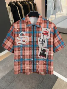 Men's Rhinestone plaid cut zipper shirt, Y2K shiny silk screen printed coarse fabric shirt, loose streetwear, suitable for cutting hemlines, ideal choice for streetwear, parties, and casual wear, suitable for Y2K and fashion enthusiasts