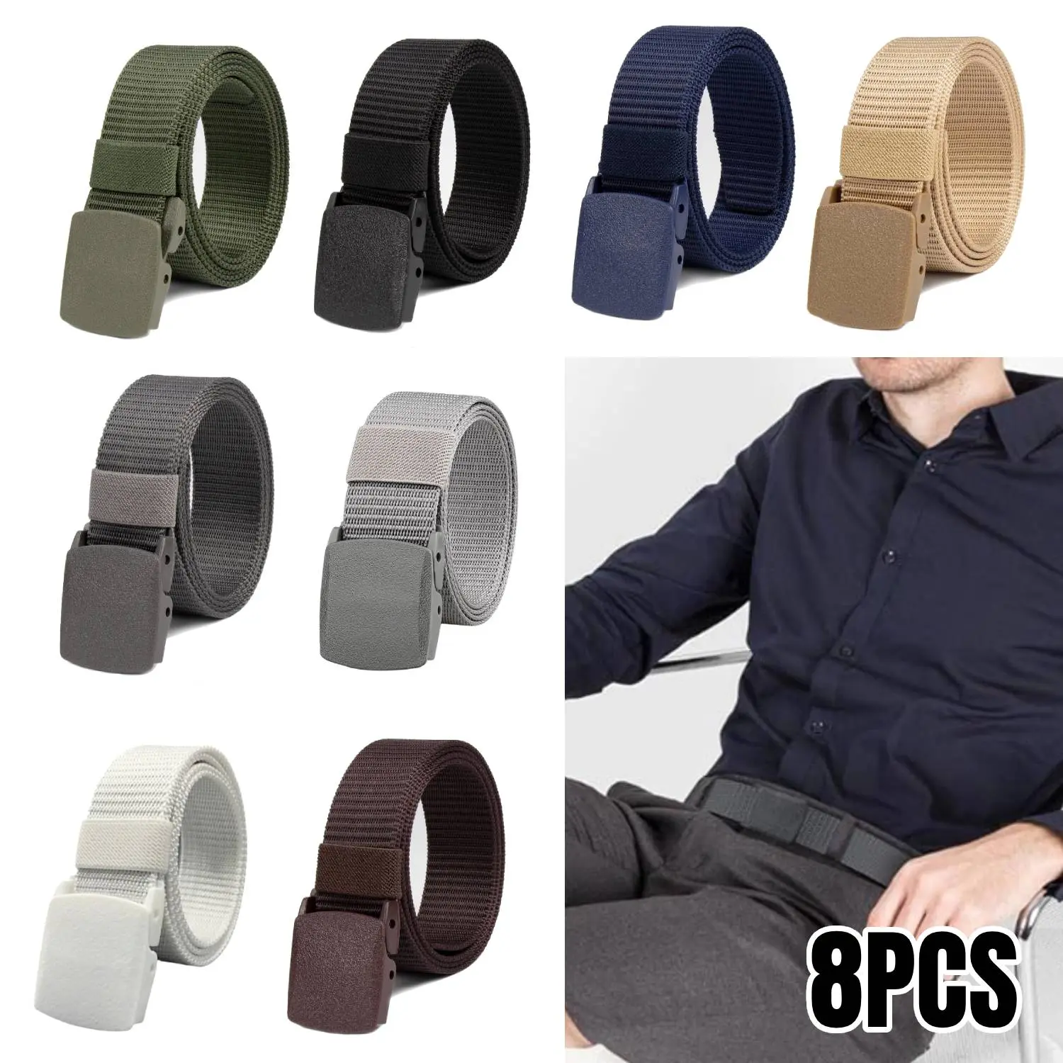 8PCS Casual Nylon Belts for Men Adjustable Nylon Belts with Plastic Buckle for Hiking, Camping, Daily Wear, Holiday Gifts