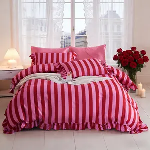 Romantic Ruffled Stripe Bedding Set, Includes 1 Duvet Cover + 2 Pillowcases, coreless Ultra-Soft Skin-Friendly, Perfect Gift Valentine's Day  All Seasons Pleated Bedding Sets