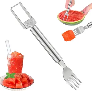 2-in-1 Watermelon Slicer & Fork – Stainless Steel Fruit Cutter Tool for Watermelon, Mango, Pitaya – Portable for Camping, Picnics, Home, Parties – Effortless Cubes & No Mess