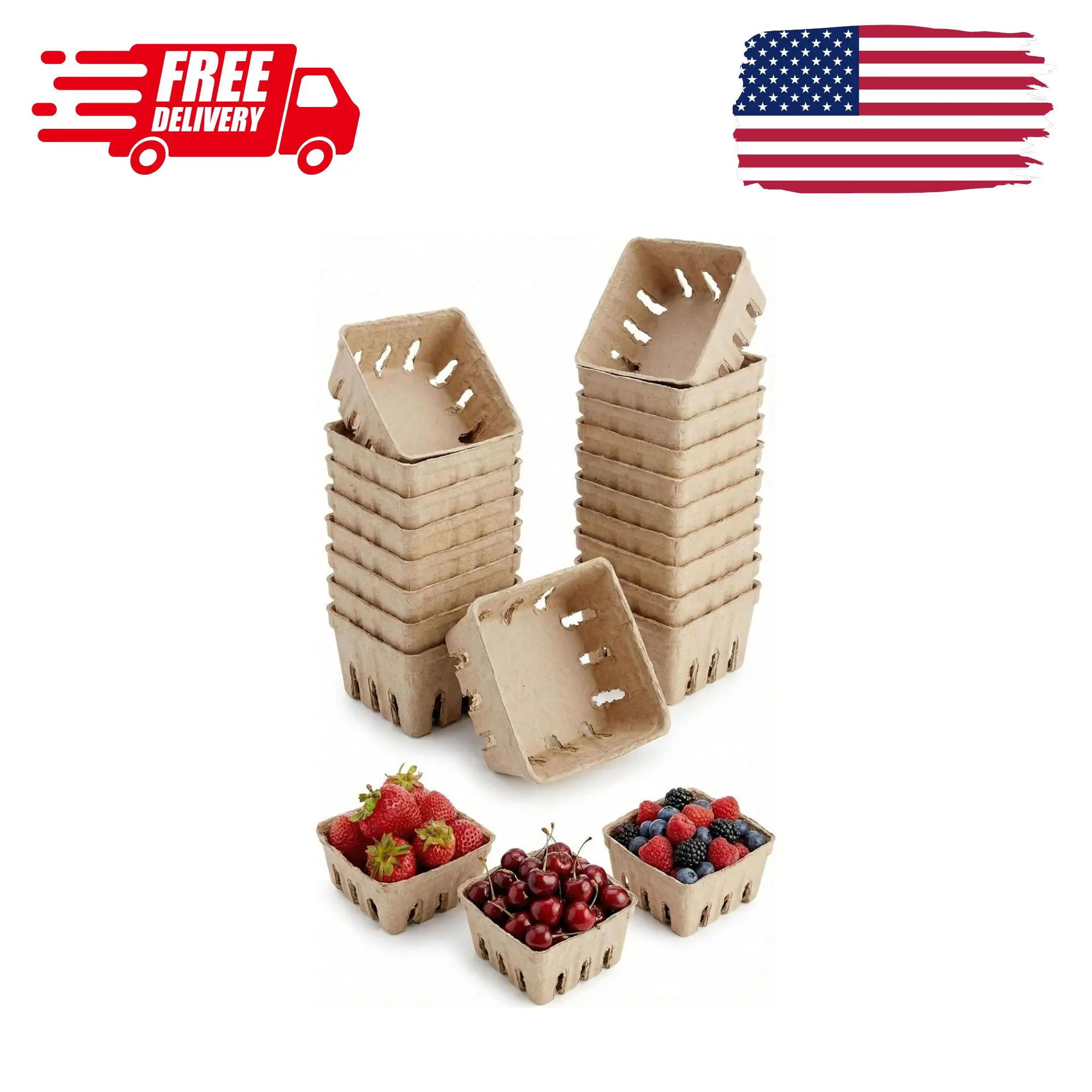 15 Pack Natural Pulp Fiber Berry Basket, Small Vented Produce Basket
