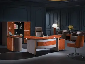 Luxury Executive Desk – Curved Walnut Office Desk with Storage & Cabinet