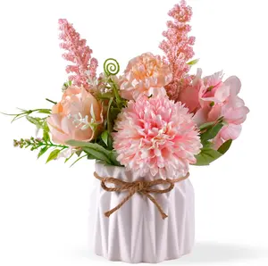 Artificial Potted Flowers Pink, Small Ceramic Vase Fake Flower Plants Desktop Decoration Indoor for Home and Office, Faux Flowers Hydrangea Decora for Table,Bookshelf,Bedroom,Living Room,Party