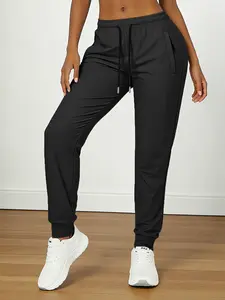Women's casual athletic long pants with a cuffed leg design. Breathable fabric eliminates a tight feeling when worn, and functional side zipper pockets enhance storage capacity. It can be paired with various tops and footwear for everyday outfits.