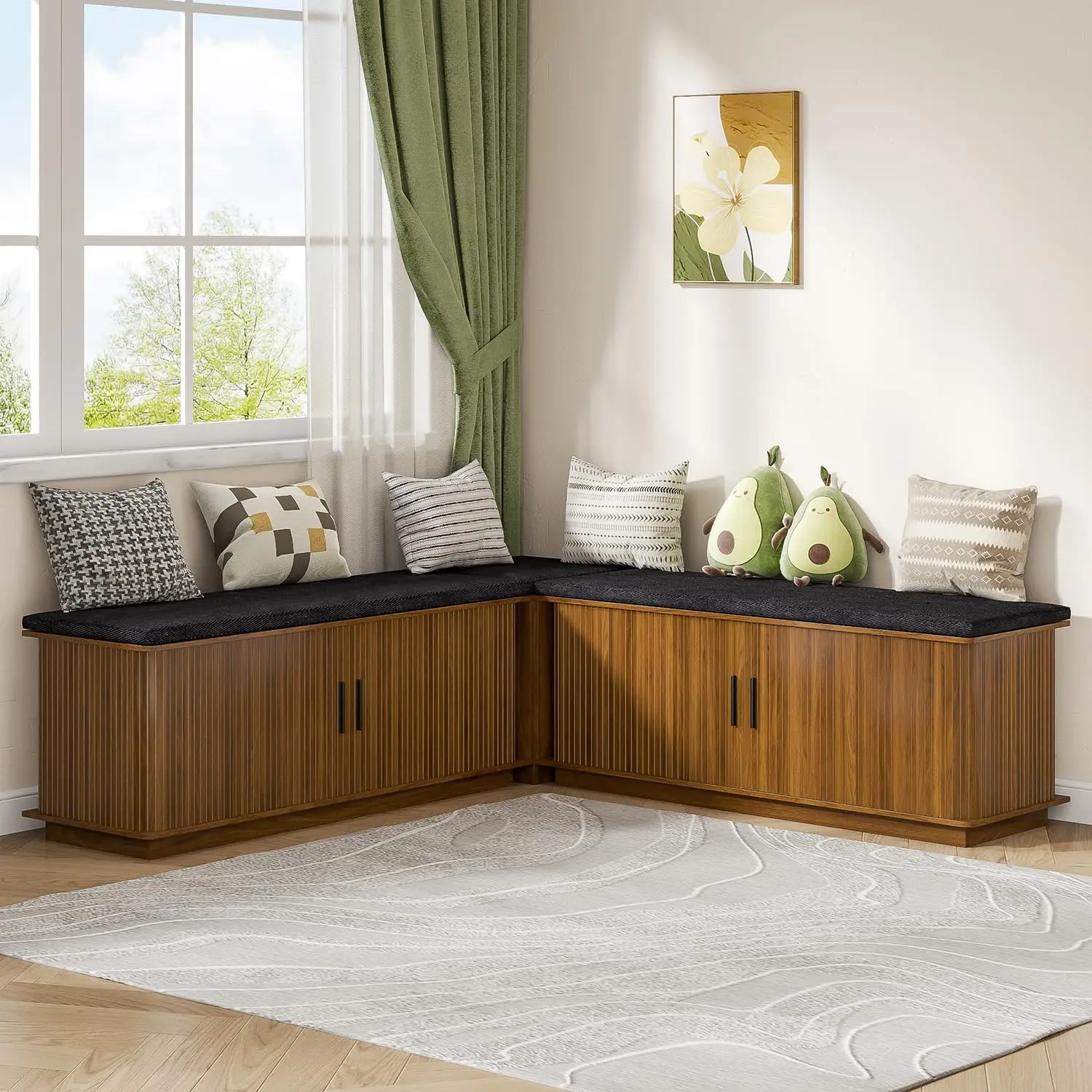 LUVIOHOME Traditional Armless Wood Frame Corner Storage Bench with Cushion - L-Shaped Dining Nook Bench, 85x23.62x23.62in Hidden Storage, Fluted Doors, Wooden Seat for Kitchen Decor Furniture