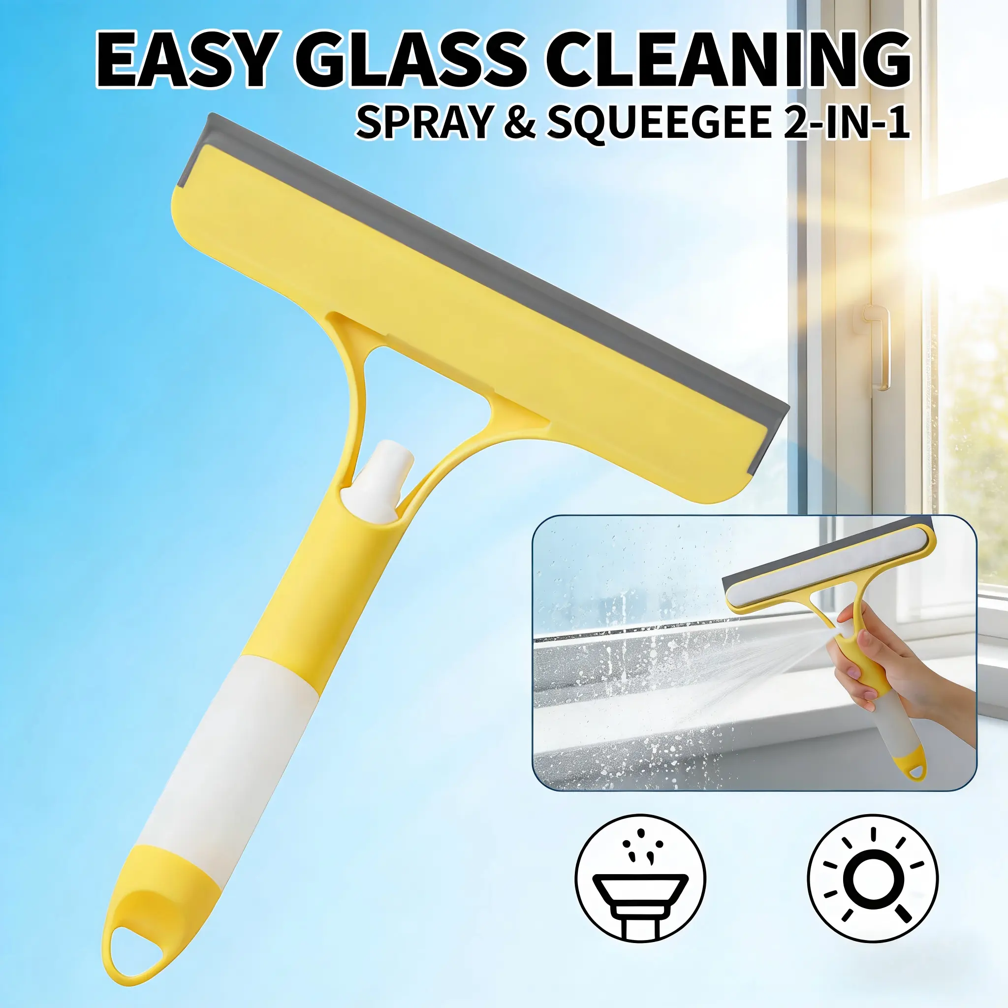 PVC 3-in-1 Window Cleaning Tool - Stiff Bristles Squeegee, Spray Scrubber, Durable Silicone Microfiber Wipe, Lightweight Household & Car Windshield Cleaner (White), Stiff Bristles Squeegees