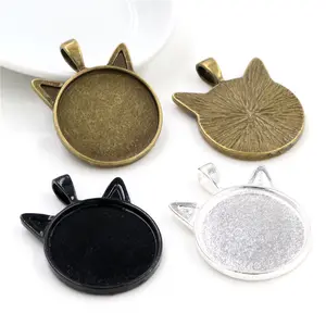 New Fashion 5pcs 25mm Inner Size Black and Bright Silver Plated / Bronze plated Cat Style Cabochon Base Setting Charms Pendant