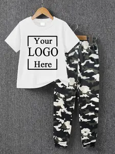 Boys Summer Fashion Creative Letter Pattern Print Casual Short Sleeve T-Shirt + Comfortable Camo Sweatpants Set, Boys Clothing Gift