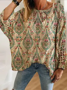 Women's Vintage Ethnic Floral Pattern Knit Top, Casual Elegant Bohemian Vacation Style, Comfortable Breathable Loose Fit, Spring Summer Fall Fashion