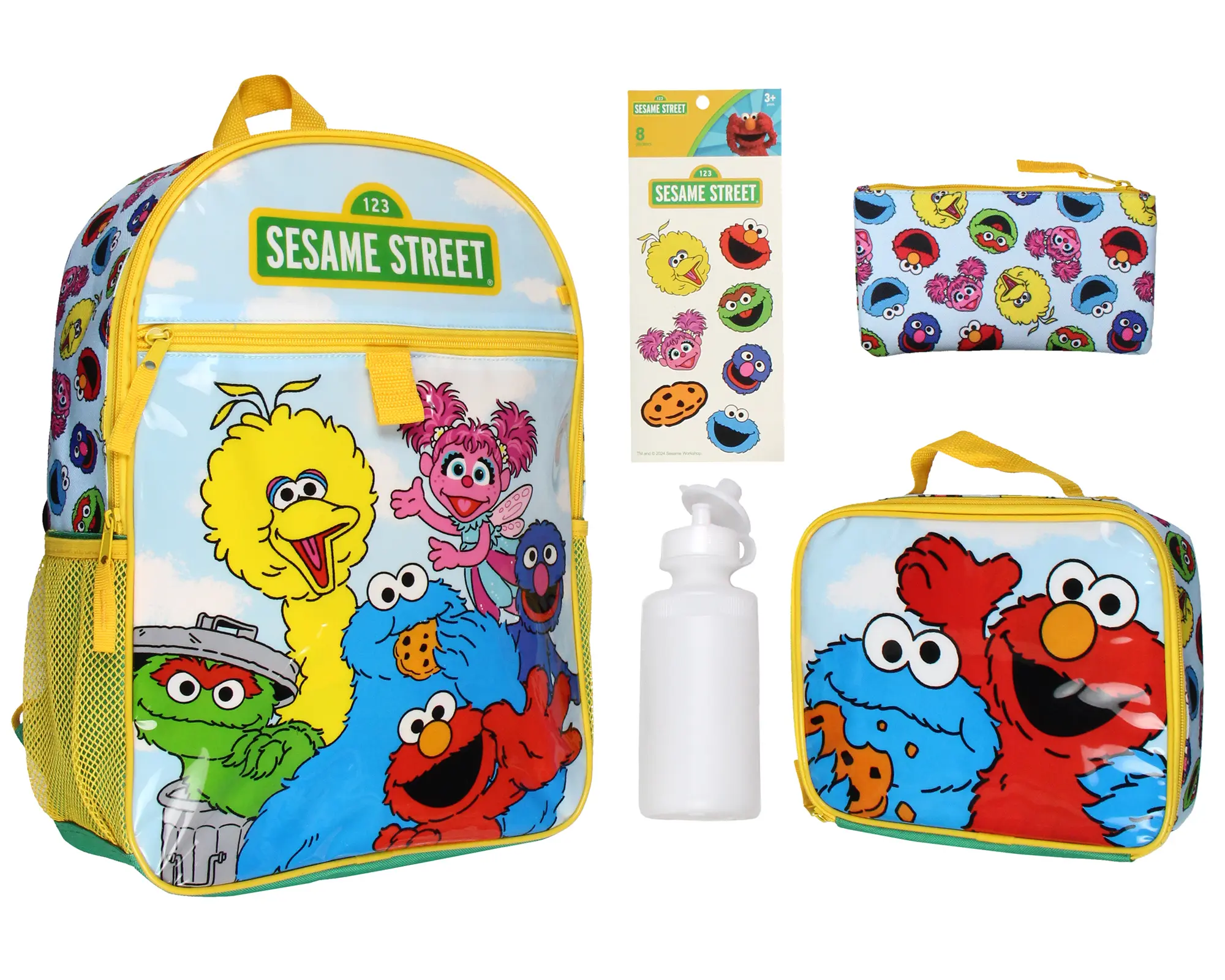 Sesame Street Group Cookie Monster Elmo Big Bird 5 PC Mega Set Backpack Lunch Box Pencil Pouch Waterbottle Stickers 16"