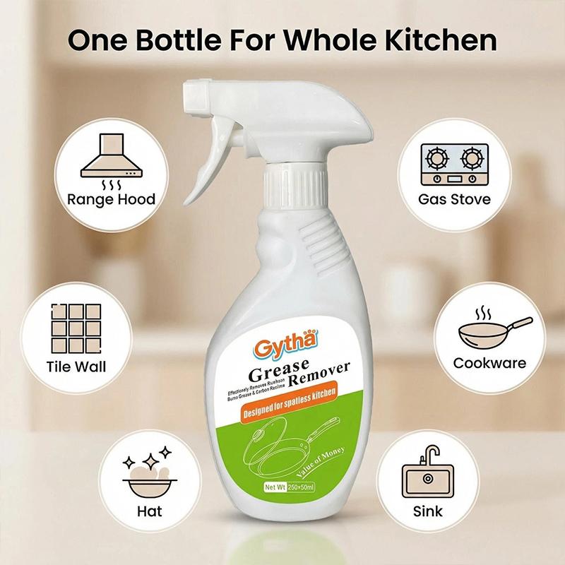 (Two-bottle pack) Kitchen cleaning spray effectively removes kitchen grease and grime. This multi-purpose degreaser is suitable for heavily soiled areas such as countertops, ovens, cookware, and range hoods.