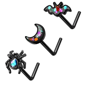 OUFER Unisex 20G 3PCS Glitter Animal Motif L-Shaped Nostril Nose Ring Studs - Fashion Body Jewelry for Halloween, Party Wear (Spider, Moon, Bat Designs)