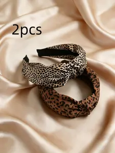 2-Pack Leopard Print & Solid Color Retro Polyester Hairbands, Mom Gift, Wide Band Knot Design, All-Season Headwear, Fashion Accessories