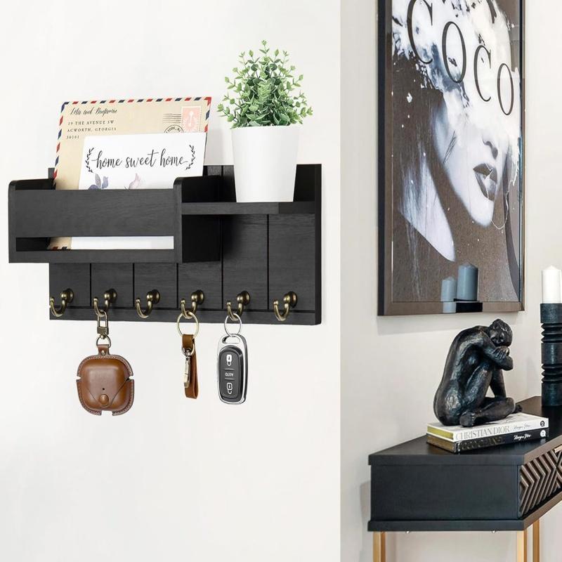 Wooden Wall Mounted Key Organizer - 6 Hooks with Small Shelf | Mail Sorter & Entryway Storage | Living Room/Entrance Decor | Home Organizing Essential | Wall Mountable