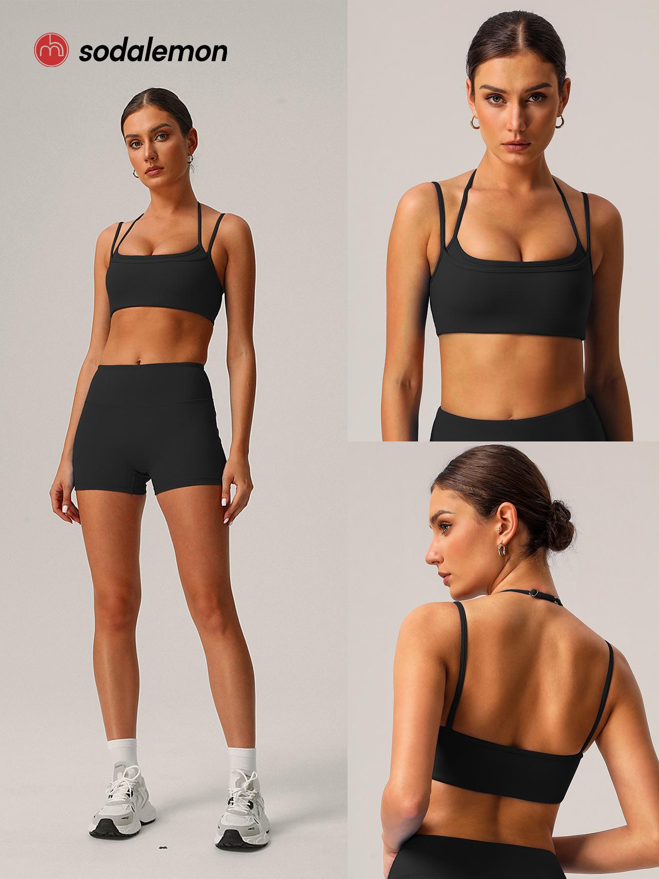 Sodalemon Women double layered-strap scoop-neck yoga sports bra, cropped open-back workout top, outdoor Pilates fitness sports bra