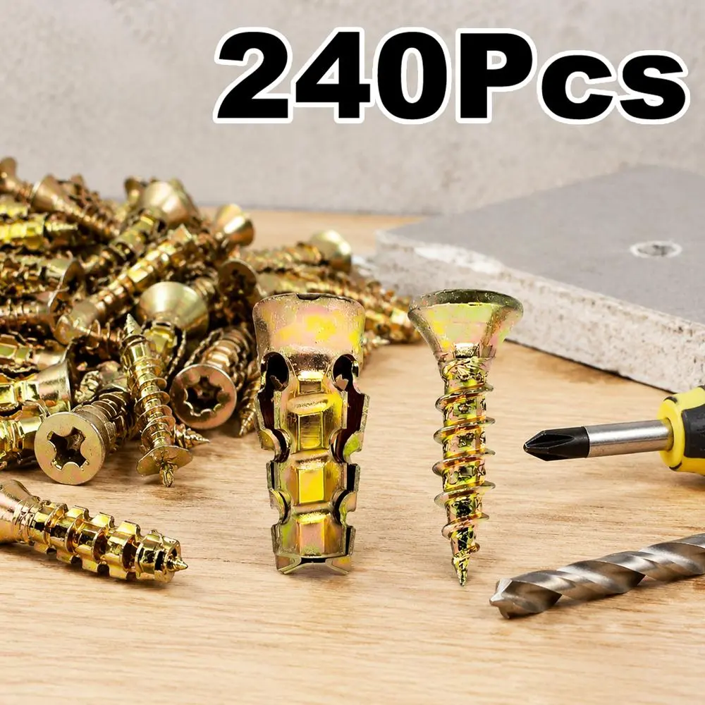 Serrated Anti-Slip Drywall Self-Drilling Screw Anchors Kit, Zinc-Plated Corrosion Resistant Construction, 66LB Holding Power for Shelves, TV Brackets and Bathroom Accessory Mounting Jobs 240 Pcs