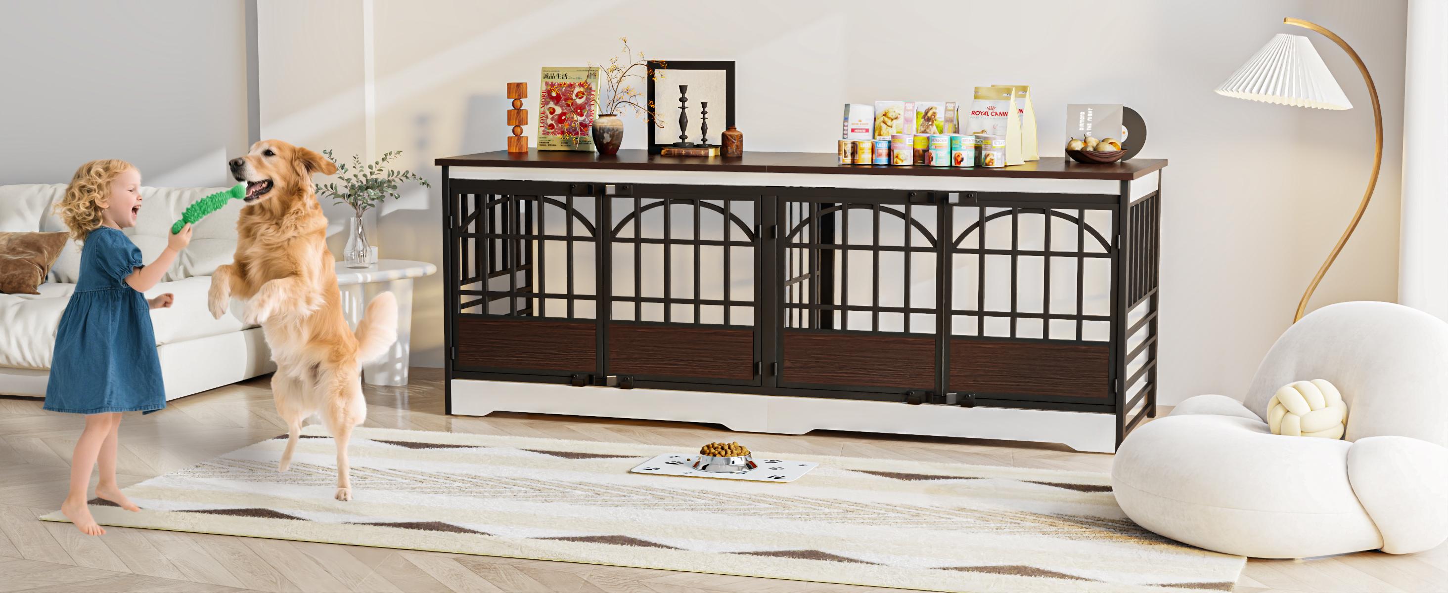 COZPAW 86 Inch Double Dog Crate Furniture for 2 Dogs, Decorative Dog Kennel Indoor TV Stand, Heavy Duty Wooden Dog Cage for Large Medium Dogs Sized Dog Pet House with Divider (Brown)