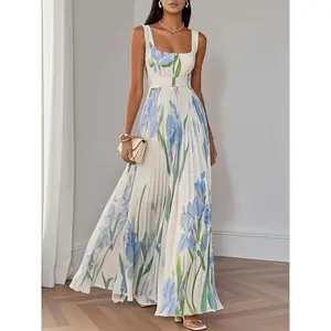 Elegant Long Maxi Summer Dress with a Floral Digital Print And Pleated Design for Women