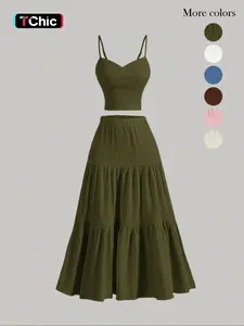 Women's Solid Crop Cami Top & A-Line Skirt Two-piece Set, Casual Fashion Cozy Outfits for Daily Outdoor Wear, Ladies Clothes for Summer