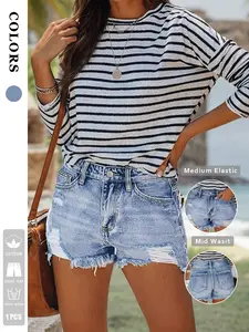 New Summer Women's Ripped Vintage Mid-Waist Denim Jeans Shorts, Casual Fitted Solid Pattern, Perfect for Work, Parties, and Everyday Wear