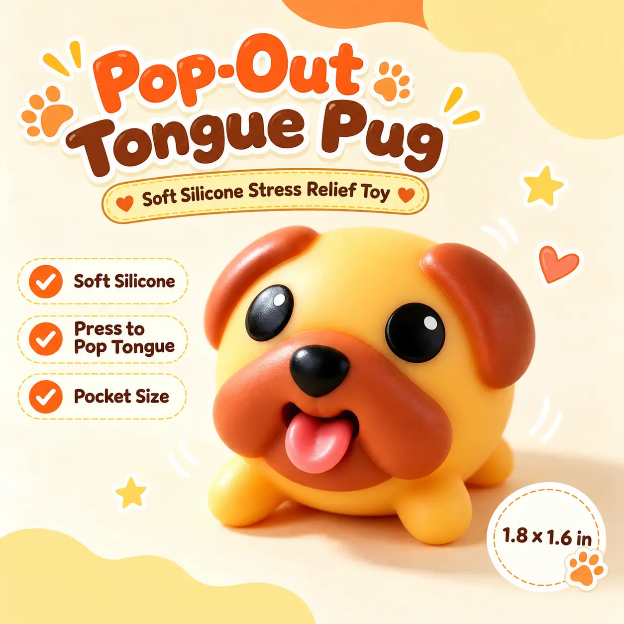 Funny Tongue Popping Pug Toy, Cute Squeeze Dog Fidget Toy, Soft Silicone Stress Relief Gadget, Novelty Desk Toy & Gift