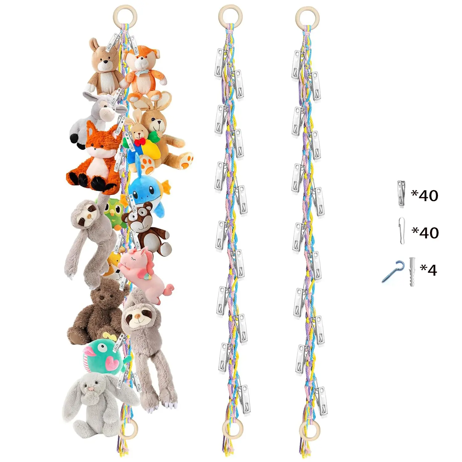 2pcs Plush Toy Storage Hanger Hand Woven Cotton Rope Stuffed Animal Display Strap Multi-Purpose Wall Hanging Nursery Decor