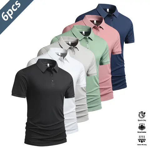 Men's Heavyweight Quick-Dry Fitted Short-Sleeve Buttoned Athletic Polo Shirts, Durable (Pack of 6) - for Golf, Casual Occasions, Multiple Colors