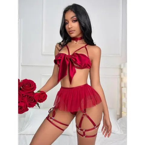 Women's 3-Piece Patchwork Lace Lingerie Set - V-Neck Push-Up Cami Top, Bow-Front Underwear, Garter Belt, Soft Silk Nightwear, Dry Clean Compatible, Wedding & Halloween Use, No