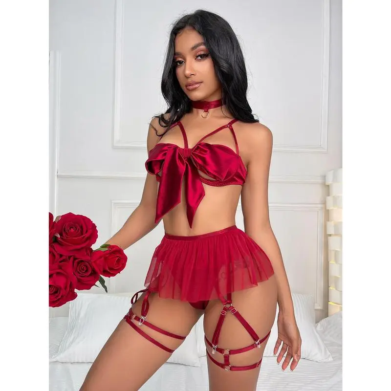 Women's 3-Piece Patchwork Lace Lingerie Set - V-Neck Push-Up Cami Top, Bow-Front Underwear, Garter Belt, Soft Silk Nightwear, Dry Clean Compatible, Wedding & Halloween Use, No