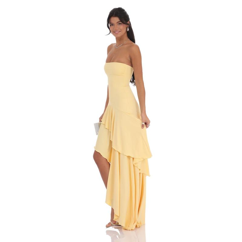 Lucy in the Sky Strapless Ruffle Asymmetrical Maxi Dress in Yellow
