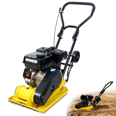 Heavy-Duty Soil Compaction Power Tool - Gas Vibration Plate Compactor, 7.0 HP 212cc, 5500 VPM Max, 20x14 in Plate, Folding Transport Wheels, Advanced Shock Absorption System, EPA Compliant, Yellow Handle, Simple Throttle Adjustment
