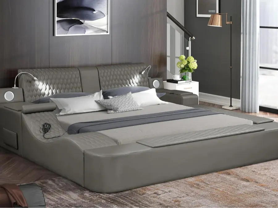 Zoya Grey Faux Leather Modern Queen Bed with Massage Lounge, Bluetooth Speakers & Reading Lights – Matrix