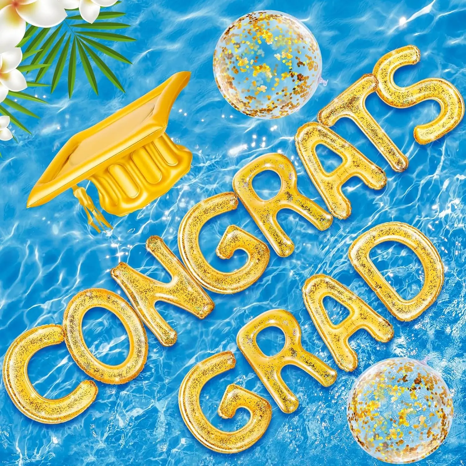 15 Pcs Congrats Grad 2026 Graduation Pool Floats 20" Inflatable Letter Pool Float Glitter Prom Party Decor with Grad Cap & Ball for Graduation Party, Photo Props, Beach Games(Gold)