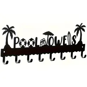 8 Hook Metal Pool Towel & Key Rack, Rust-Resistant Coating, Tropical Palm Tree Umbrella Design, Wall Mounted Storage Holder