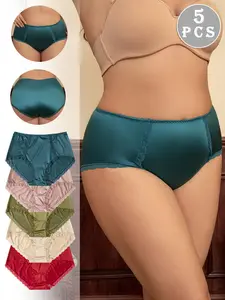【Plus Size】 Solid Color Satin Brief, Soft Breathable Knicker, Elegant Comfortable Breathable High Waist Panty for Daily Wear, Women's Underwear for All Seasons