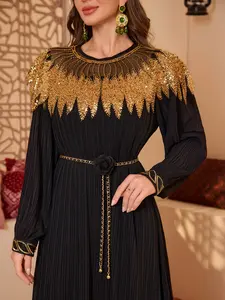 Arabian Middle Eastern Women's Round Neck Long Sleeve Formal Party Dress with Belt, Elegant Embroidered H-Type Silhouette, All Seasons