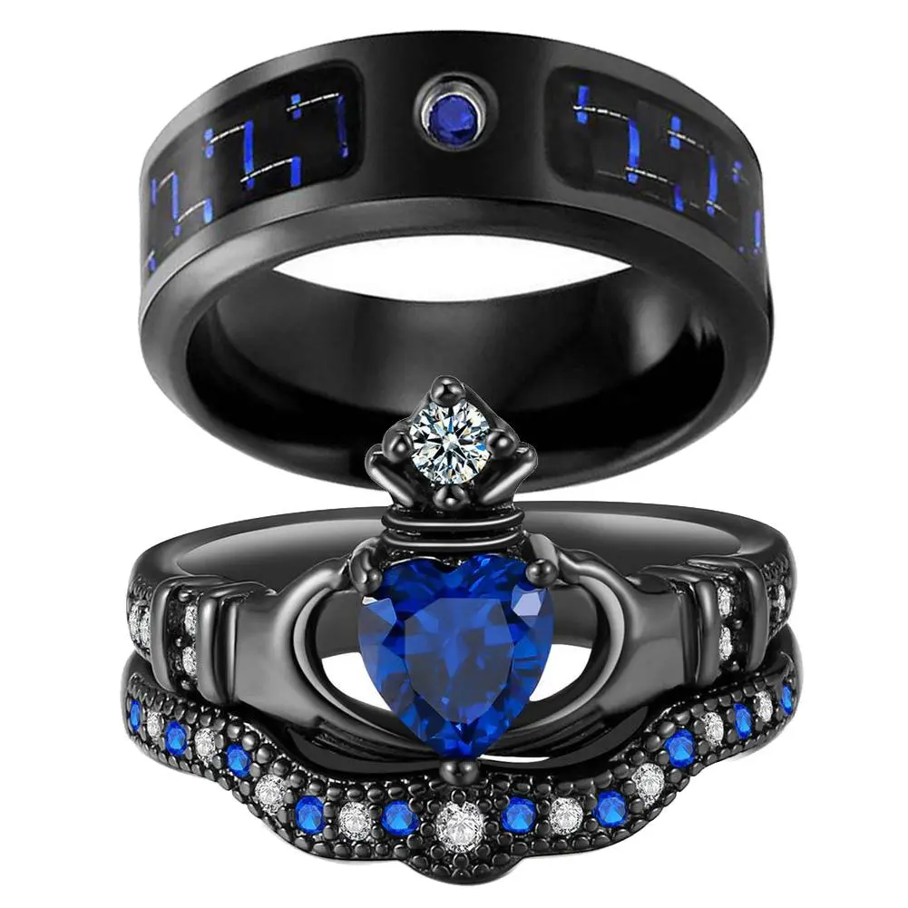 Ringcrown Couple Rings Matching Rings Heart 1ct Blue CZ Black Gold Plated Claddagh Ring 2pcs Women Wedding Ring Sets For Him And Her Ring Sets Men Titanium Steel Wedding Band