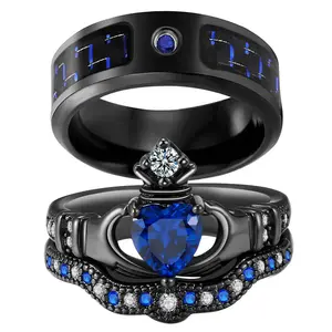 Ringcrown Couple Rings Matching Rings Heart 1ct Blue CZ Black Gold Plated Claddagh Ring 2pcs Women Wedding Ring Sets For Him And Her Ring Sets Men Titanium Steel Wedding Band