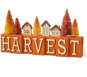 Glitzhome 14" Harvest Wooden House W Brushed Tr ees Table Deco