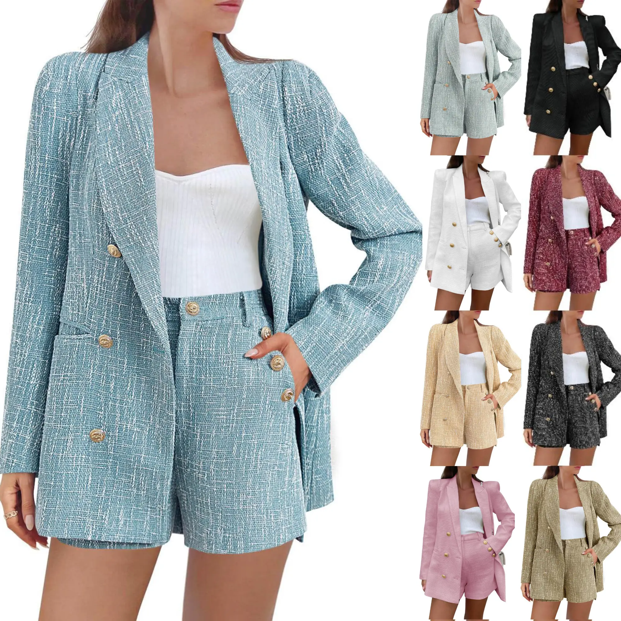 FMEYOA Womens 2 Piece Tweed Blazer Shorts Sets Long Sleeve Double Breasted Suit Jackets Business Outfit Fabric Formal M1H684