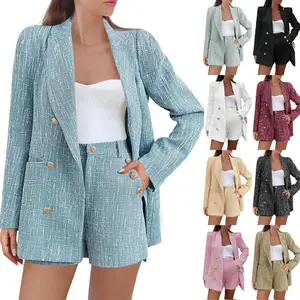 FMEYOA Womens 2 Piece Tweed Blazer Shorts Sets Long Sleeve Double Breasted Suit Jackets Business Outfit Fabric Formal M1H684