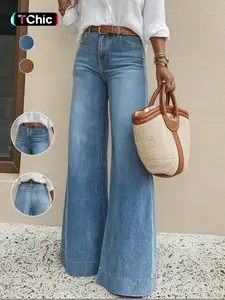 Women's Fashion Denim Jeans, Trendy Comfortable Wide Leg Elastic Stretchy Soft Quality Women's Long Pants, Elegant All Seasons Fitted Style Womenswear