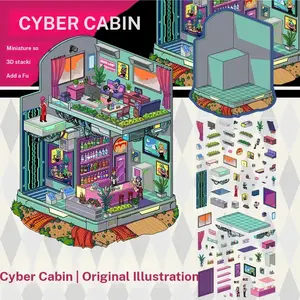 Sci-Fi Mechanical House Scene 3D Stickers Creative DIY 3D Decor Futuristic Technology Puzzle Handmade Stickers, 2 Sheets