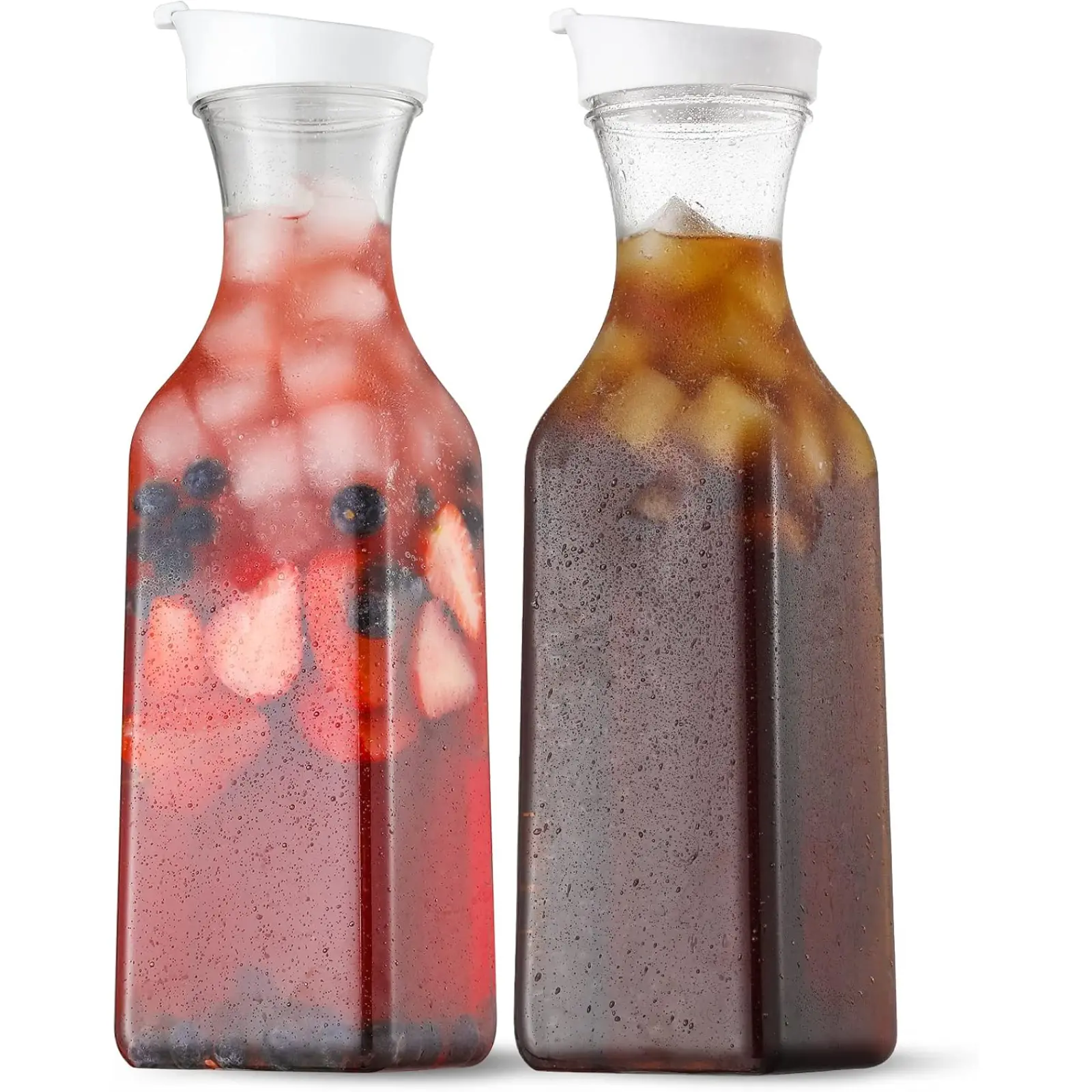 Plastic 50 Oz Water Carafe with Flip Top Lid Set of 2 Square Base Juice Containers Clear Plastic Pitcher for Water Iced Tea Juice Beverage Cold Brew and Mimosa Bar