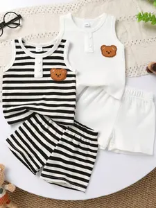 4pcs,Cute Babyboy clothes,Casual,stylish,Soft,comfortable,Cartoon bear pattern appliqué embroidered striped knit crew neck vest T-shirt and versatile elastic waist athletic shorts,Boys outfit sets,summer for everyday wear,vacations,outdoor activities