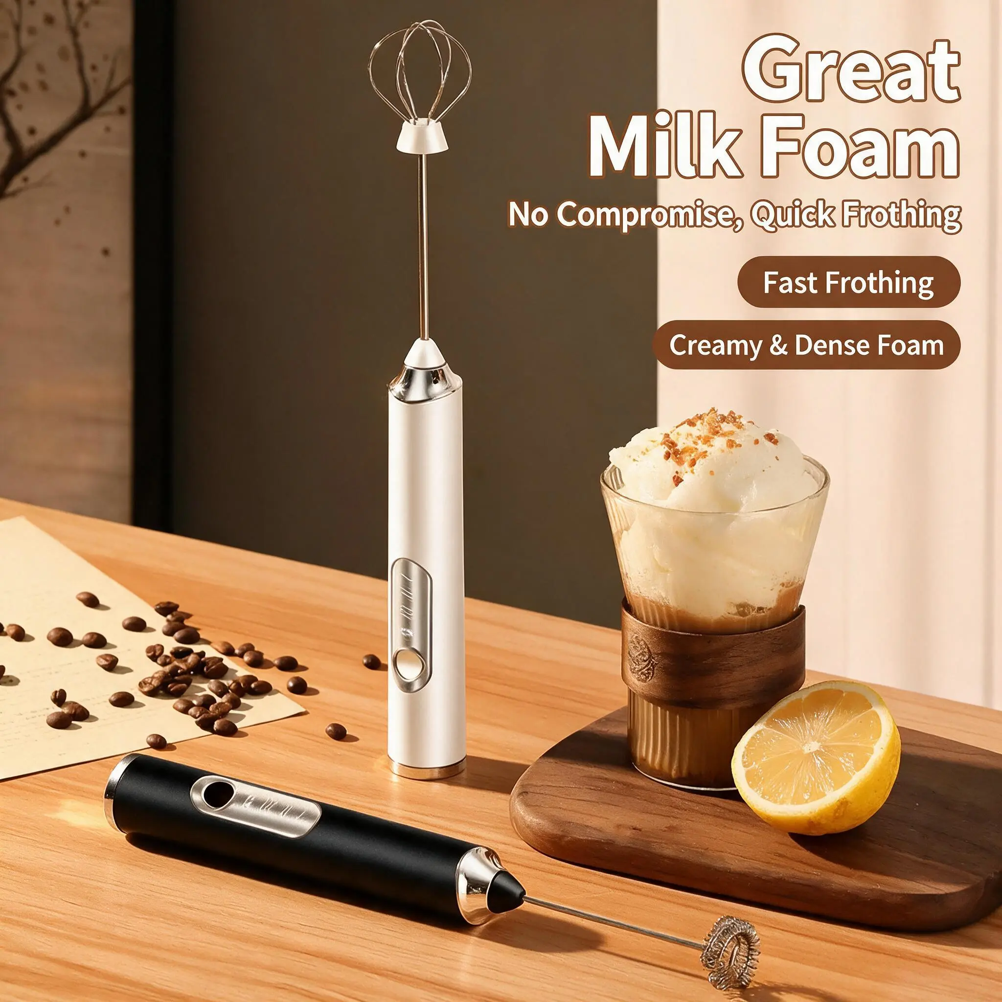 Handheld Rechargeable Electric Milk Frother Wand, 3-Speed Adjustable, 2 Stainless Steel Whisk Heads, Type-C USB Charging, for Latte, Cappuccino, Hot Chocolate