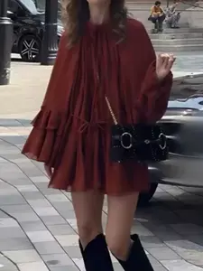 Summer Long Sleeves Dress Woman Red High Neck Tie - Neck Dress Ruffled Bell Sleeves Self - Tie Waist Flowy Mini Dress Vintage Women's Casual Party Dress Womenswear