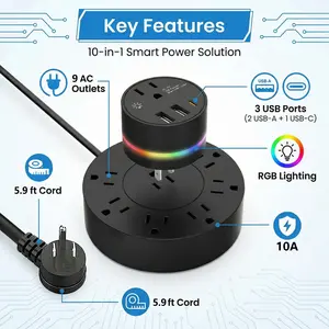 Installable 1.8m Extension Socket with 5 Color Atmosphere Lights, 2 USB-A 1 USB-C Multi-Function Power Strip, 10a 1250w Outlet Plug
