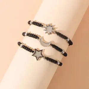 3PCS Celestial Charm Bracelet Set for Women & Men, Y2K Sun Moon Star Adjustable Woven Bracelets, Aesthetic Matching Couple Jewelry, Boho Stacking Bangles for Daily Wear, Festival, Beach & Friendship Gifts